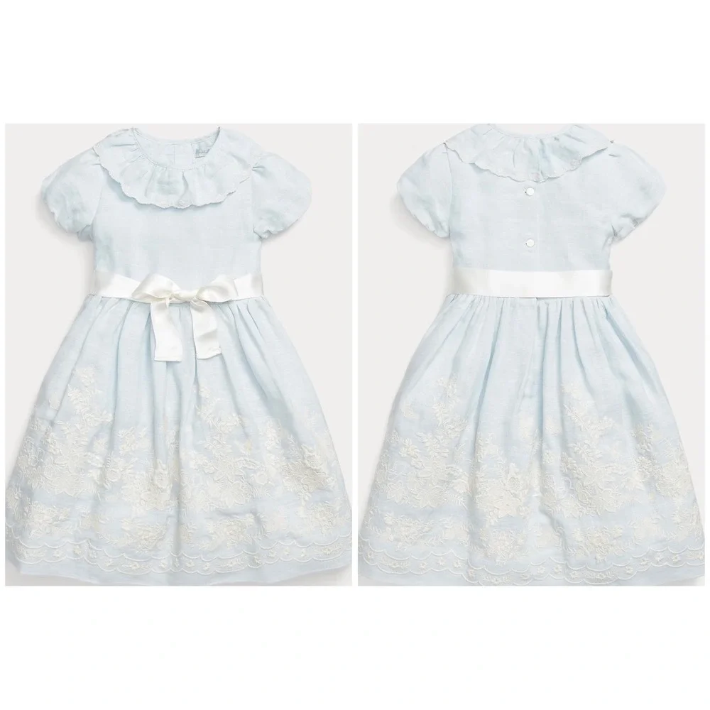 Ralph Lauren Baby Girl Chambray Embroidered Dress | Blue Floral Sleeveless | 24M